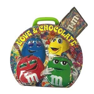 LOVE & CHOCOLATE M&M COLLECTIBLE TIN TIE DYE/PEACE 4”green handle yellow M&M